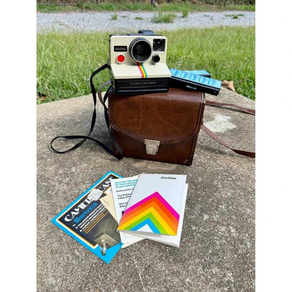 Vintage Polaroid OneStep Land Camera Rainbow Stripe with Case and Flash Bars